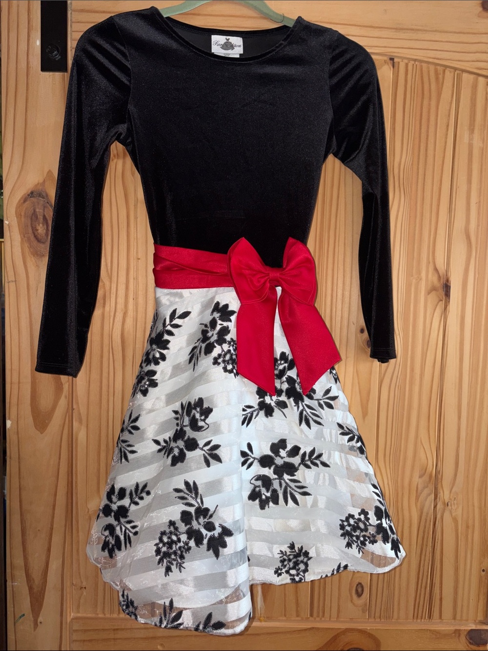 Rare Editions Black Velvet Top Floral Skater Dress with Red Bow
